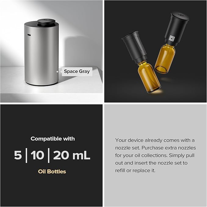 Airversa Waterless Essential Oil Diffuser for Home Aromatherapy Scent Diffusers with 3 Countdown Timer Settings or Timer-Off, 3 Mist Levels for Car Room Studio Office, ANX Premium Metal Black