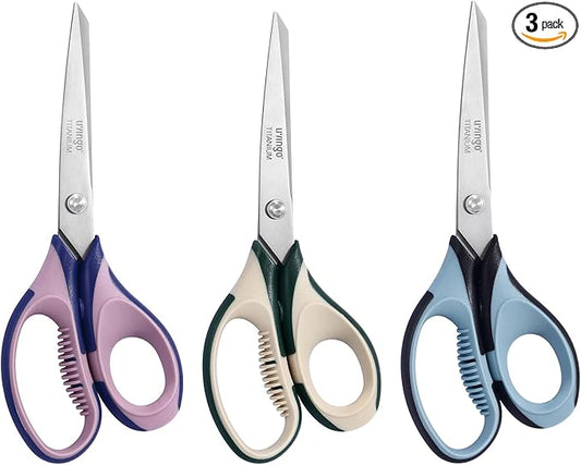 LIVINGO 3 Pack Office Scissors All Purpose – Titanium Coated Blades, Ergonomic Colorful Handles, Sharp Heavy Duty Shears for Home, Office, and Craft Use