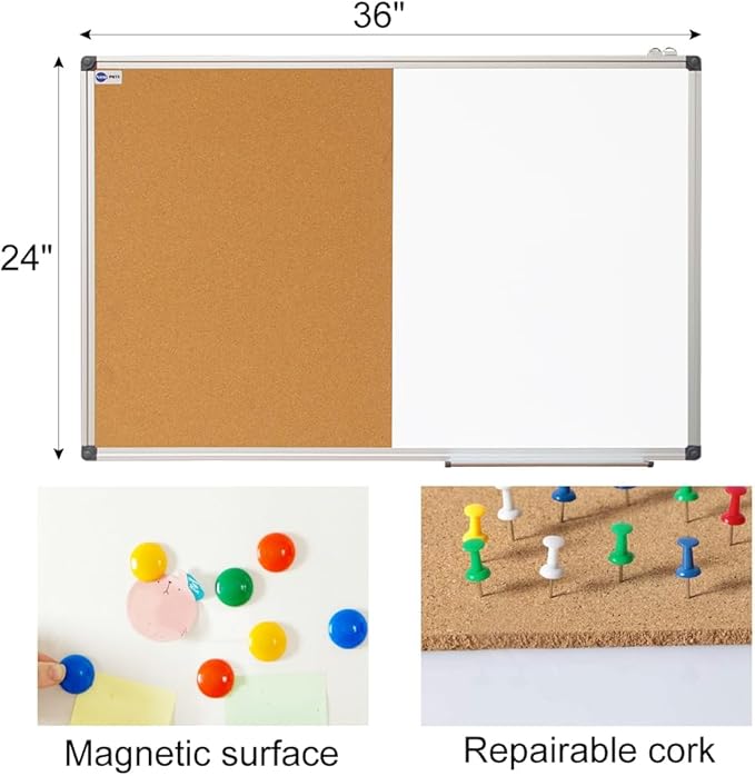New PUTE White Board and Cork Board Combo - 36 x 24 Inches Large Dry Erase Whiteboard and Bulletin Board, Magnetic Wall Pin Display Board for Home, Classroom & Office, 24"x36" Cork