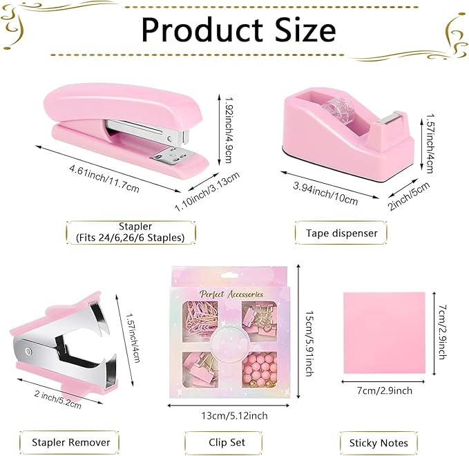 Office Supplies Set,Desk Accessories,Stapler and Tape Dispenser Set,1000 Staples,Staple Remover,Hinder Clips,Ruler,Scissor,Clear Tape,Ballpoint Pen,Sticky Notes,Gifts for Colleagues(Pink)