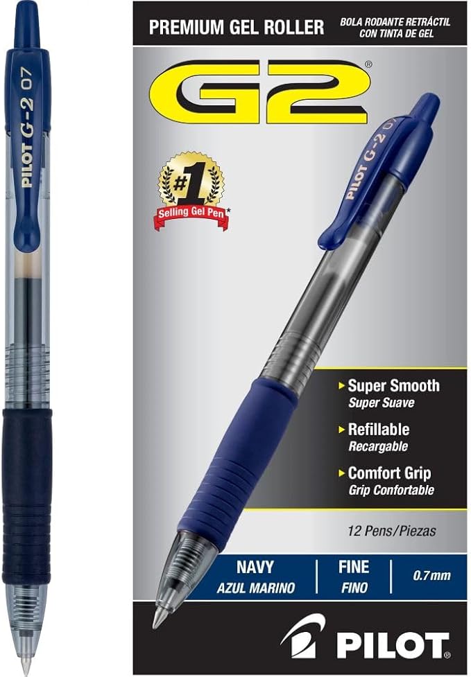 Pilot G2 Premium Gel Roller Pens, Fine Point 0.7 mm, Navy Ink Pens Fine Point, Pack of 12 - Ideal for School, Journaling, and Office Writing