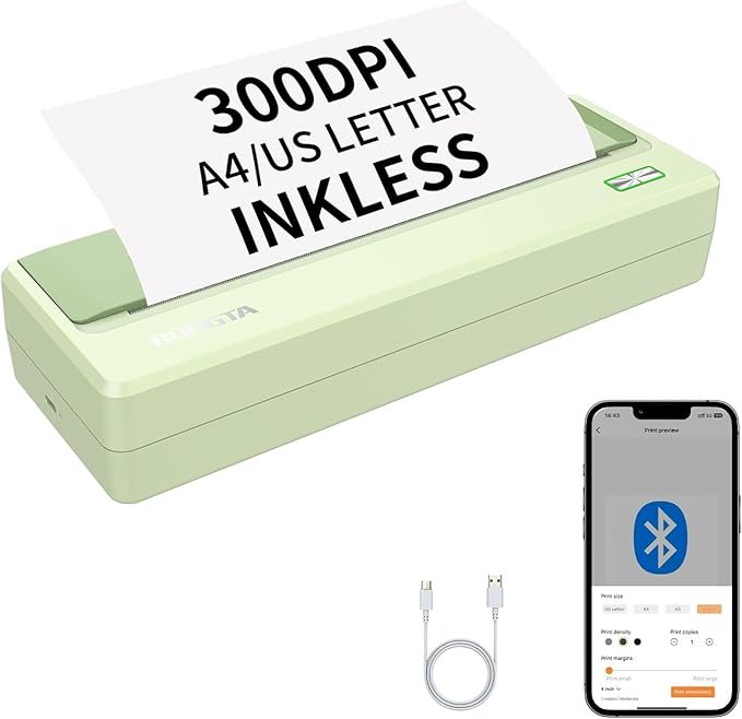 Rongta Portable Printer Wireless for Travel,300Dpi Bluetooth Inkless Thermal Small Printer for Office/School/Home Use,Compatible with Android,iOS & Laptop,Support 8.5" X 11" US Letter