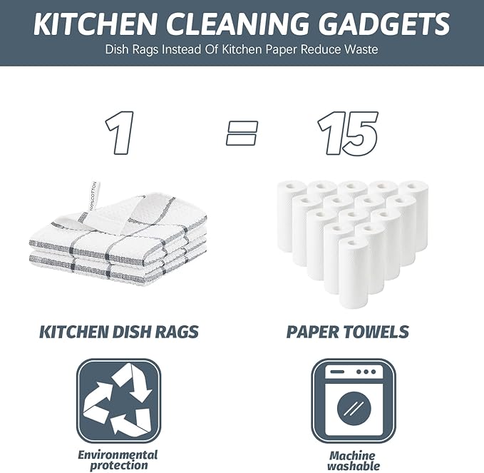 Nialnant 4PCS Cleaning Rags,100% Cotton Terry Dish Rags for Washing Dishes,Quick Drying Dish Cloths,Dish Towels for Kitchen,Grey Plaid-12x12in