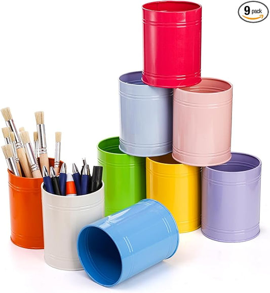 9 Pack Metal Pen Holder, Colorful Desktop Pencil Cup, Mini Stationary Supplies Buckets, Round Makeup Brush Storage Organizers for Office Home School Classroom Accessory, 3.5 x 4.5 Inches