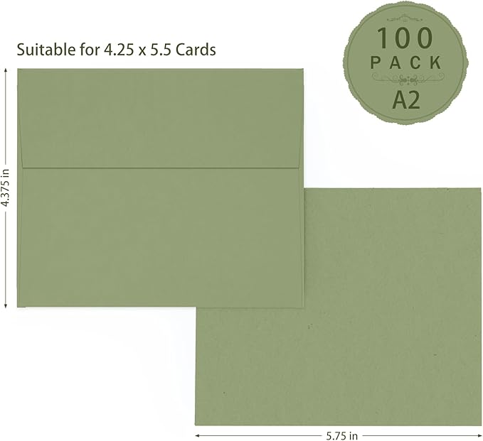 100 Pack A2 Sage Green Envelopes, Goefun 4.375 x 5.75 Greeting Card Envelopes 120 GSM, Self Seal Printable for 4.25 x 5.5 Cards, Photos, Invitations, Weddings, Graduation, Baby Shower