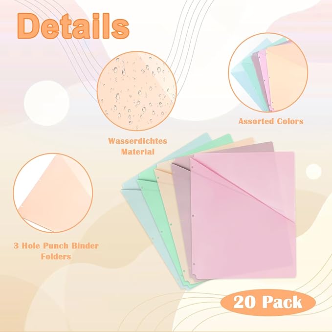 20 Pack Binder Pocket Letter Size Clear Plastic Document Folders File Folders Plastic 3 Hole Punch Binder Folders Binder Dividers with Pockets Binder Folders Side Loading 11x8.9 inch Assorted Colors