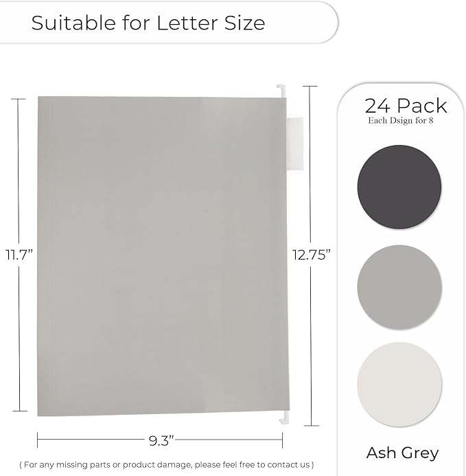 Y YOMA Letter Size - 24 Pack Extra Capacity Hanging File Folders Accordion Decorative Reinforced File Folder Cute Colored Expandable Folder for Office Home with 1/5-Cut Adjustable Tabs, Ash Grey