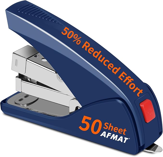 AFMAT ES10 Effortless Stapler for Desk, 50 Sheet Capacity, Low Force, Built-in Staple Remover, One Finger Touch Stapling Desktop Stapler, Portable & Space Save Size, Good for Home & Office, Blue