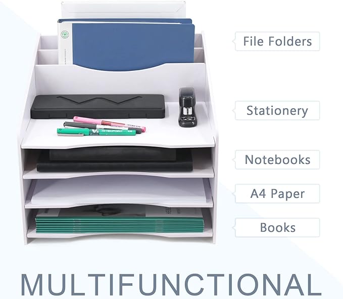 SONGWAY Desk File Organizer and Accessories Storage - Desktop Organizer with Horizontal and Vertical File Folder Holders, Letter Mail Sorter, 4 Tier Paper Storage for Desk Home Office School