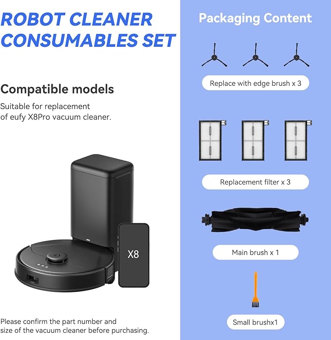 Replacement Parts for Eufy X8 Pro: Compatible with Eufy X8 Pro Series Robot Vacuum Cleaner - 1 Main Brushes,1 Brush,3 Hybrid Accessory Filters, 3 Side Brushes（8 Pcs）