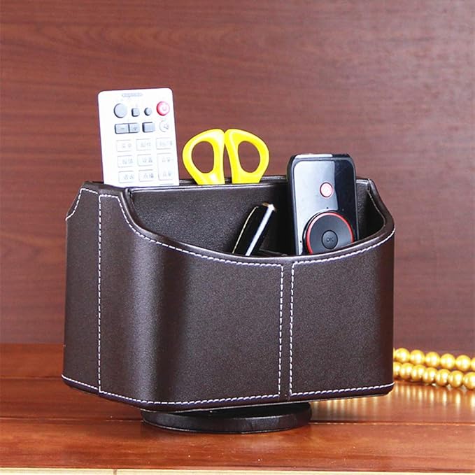 PU Leather Remote Control Holder 360 Degree Spinning Desk Organizer Storage Box for Remote Caddy,TV Guide, Mail, Electronics, Pen,Stationery and Media Storage (Brown)