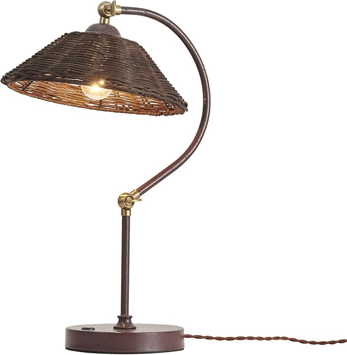 Woven Rattan Bedside Table Lamp for Bedroom, Boho Plug in Handmade Rattan Shade & Anti-Rust Iron Base Desk Lamp, Plug & Play Vintage Dark Brown Nightstand Lamp for Living Room, Office 【Bulb Included】