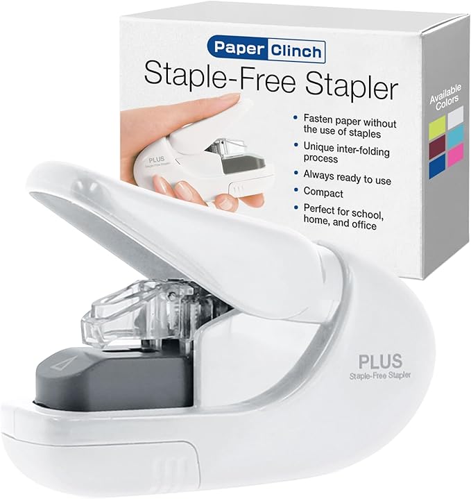 Plus Paper Clinch Compact Staple-Free Stapler, Ivory White