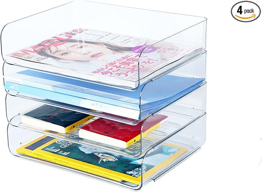 4 Tier Stackable A4 Paper Trays, Office Desk File Holder, Tidy File Document Letter Book Paper Organizer (4 Tiers,Clear)