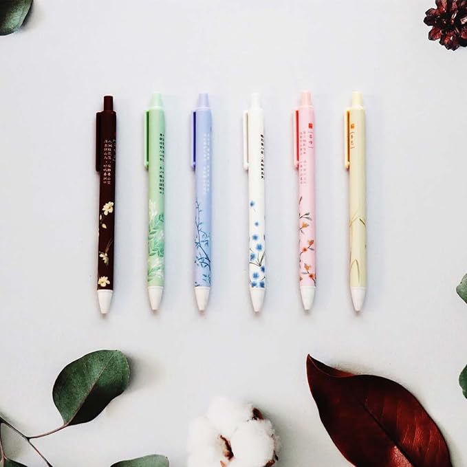 PapaBear Stylish Beautiful Scenery Printed Gel Pen, Retractable Ballpoint Pen, 0.5mm, Black Ink, Elegant and Classy Pen, 6-Pack