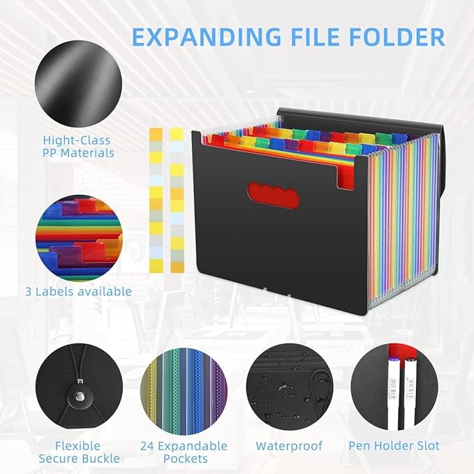 24 Pockets Expanding File Folder,Accordion File Organizer,Document Organizer Letter Size,Expandable Filing Box,Special Designed for Portable Use,Accordian Folders,Plastic (Rainbow)