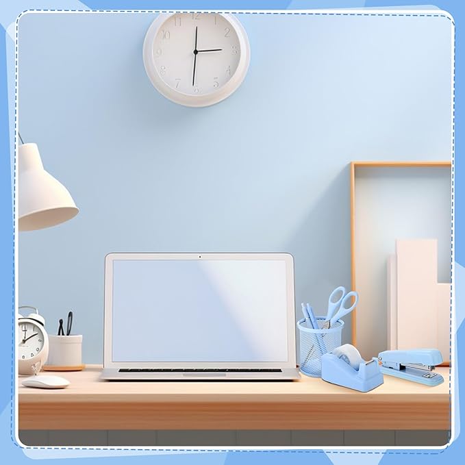 13-in-1 Desk Accessories - Blue Office Supplies with Blue Stapler, Tape Dispenser, 1000 Staples, Scissors, Pen, Pen Holder, Tabs, Ruler, Clips