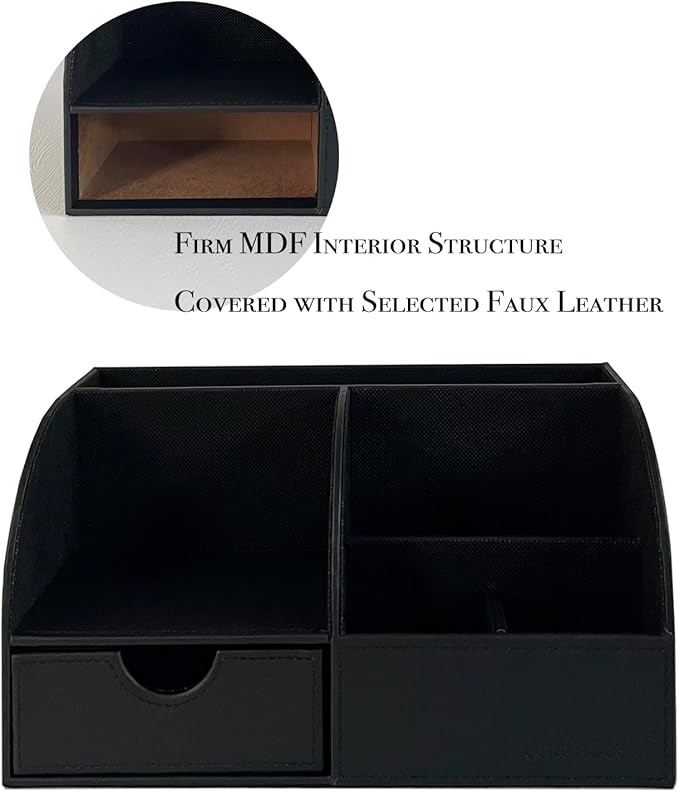UnionBasic Desk Organizer - Multifunctional Leather Desktop Pen Holder Storage Box - Business Card/Pen/Pencil/Mobile Phone/Stationery Holder, Black Revised