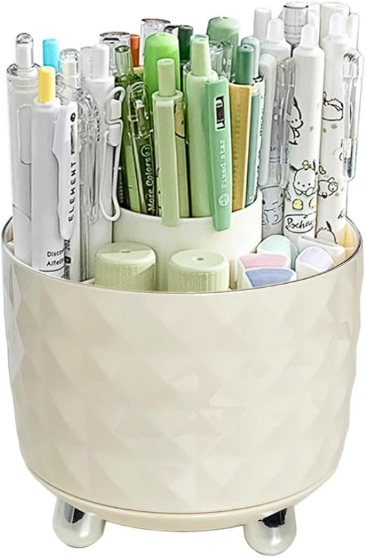 360° Rotating Pencil Holder for Desk, Makeup Brush Holder with 6 Slots, Desk Organizer for Writing Utensil, Office and School Supplies (Milky White)