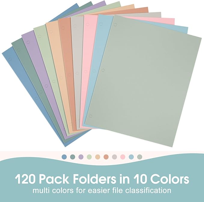 Folders with Pockets, 2 Pocket Folders Bulk (120 Pack, Assorted Colors), Paper Folders with Pockets 3 Hole Punched with Business Card Slot, Letter Size, File Folders for School Office Home