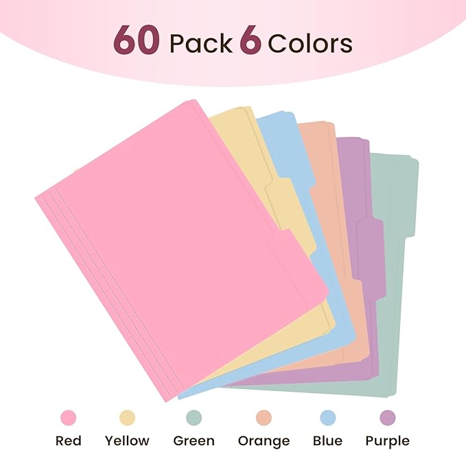 Colored File Folders Letter Size, 60 Pack 6 Colors Manilla Folders 1/3 Cut Tabs, Assorted Pastel Color Office School Buiness Folders for Filing Organization, Paper File Folder Bulk Set