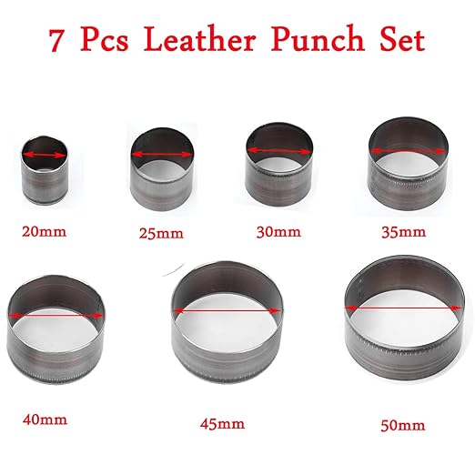 7pc Silver Alloy Steel Manual Leathercraft Punching Equipment, 20mm-50mm Round Hole Punch Set