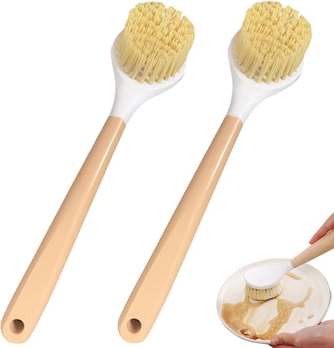 Lawnrden Bamboo Dish Brush, Dish Brush with Handle 2Pcs Scrub, Bamboo with Built-in Scraper Washing for Nonstick Frying Pan, Woks, Kitchen Sinks