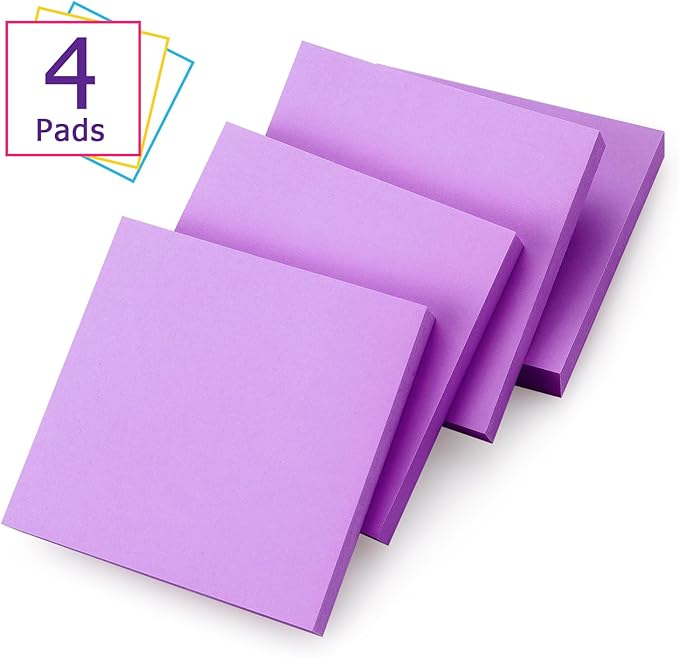 Sticky Notes 3x3 Self-Stick Notes Bright Colors Sticky Notes 4 Pads 100 Sheets/Pad (Purple)