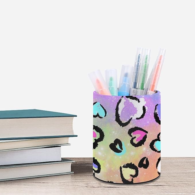 Leopard Heart Print Pen Holder Pencil Organizer Cute Pencil Cup Desk Decor Makeup Brush Holder PU Multifunctional Office Suppliesfor Home Classroom School