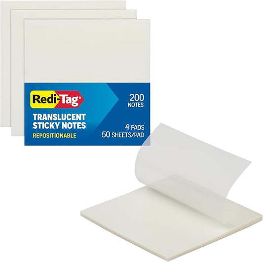 Redi-Tag Translucent Sticky Notes, Transparent Self-Stick Notes, 3" x 3", 4 Pads, 50 Notes Per Pad, 200 Sheets (1006596)