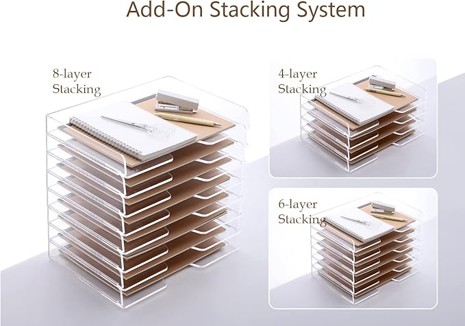 SANRUI Stackable Paper Tray,Acrylic File Organizer,Paper Tray Organizer for Desk,Clear Office Desk Organization for Office, Home or School，2 Tier