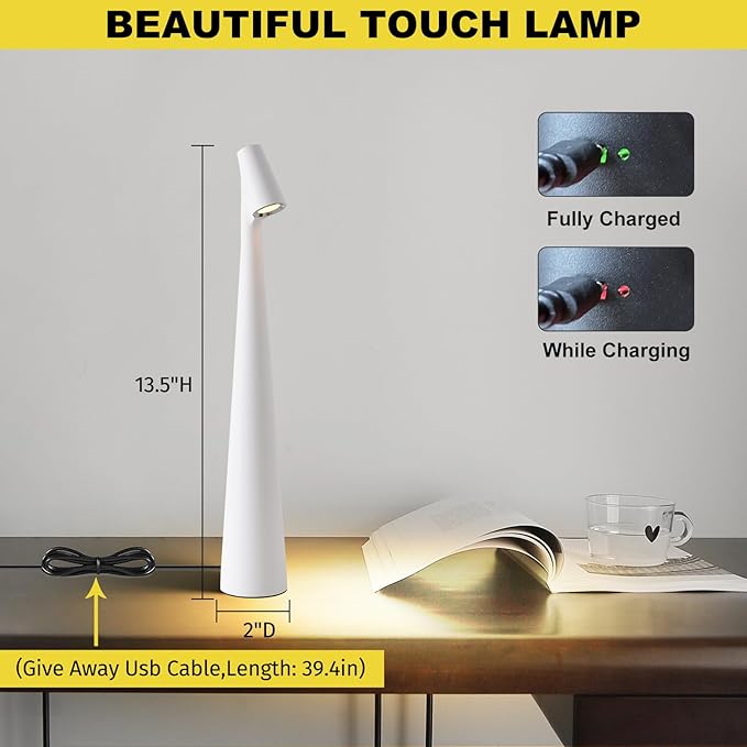 Cordless Small Table Lamps Set of 2,3 Levels Brightness Portable Desk Lamp,Rechargeable Battery Lights for Outdoor, Restaurant, Bedside, Baby Night Light,Gifts(White)