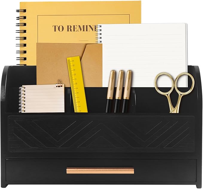 Mail Organizer Countertop Kitchen-Black Mail Holder Countertop Drawers Wood Desk Drawer Tabletop Storage Organization Pen Holder Letter Sorter Makeup Organizer for School Home Office Supplies