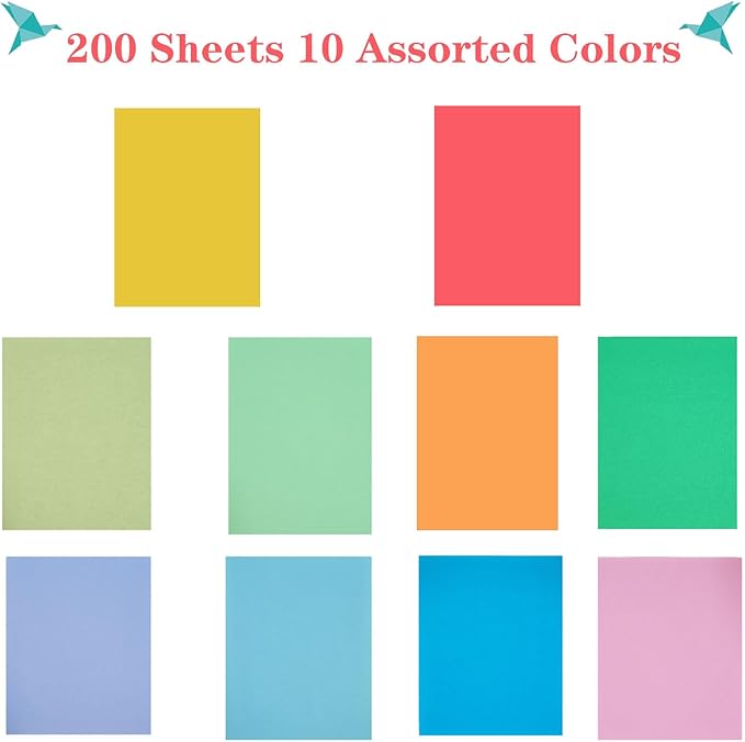 Colored Copy Paper 8.5 x 11 Assorted Colored Print Paper, 10 Colors Letter Size Colored Origami Paper for Cutting DIY Kids Art Craft School Office Supplie(200 Sheets)