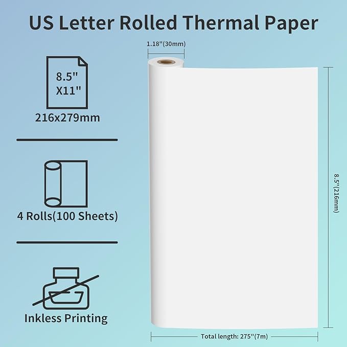 4 Rolls Thermal Printer Paper 8.5" x 11" US Letter Size - High-Efficiency Durable Printing for Picture or Home Work, Printing Contract, Compatible with Most Thermal Printers (100 Sheets / 4 Rolls)