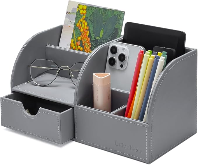 UnionBasic Desk Organizer - Multifunctional Leather Desktop Pen Holder Storage Box - Business Card/Pen/Pencil/Mobile Phone/Stationery Holder, Grey