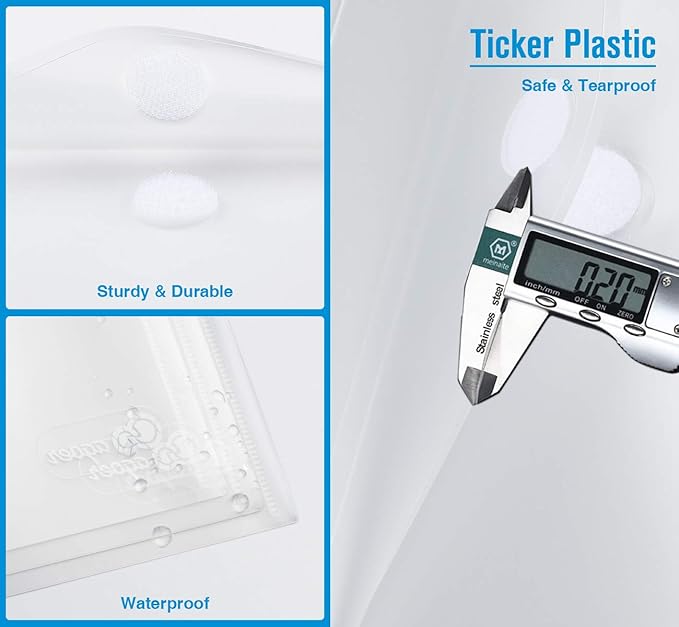 ABSOFINE 25 Pack Transparent Plastic Envelope Folders, A4 Letter Size, 100% Clear, Hook & Loop Closure, Label Pocket, Easy Storage