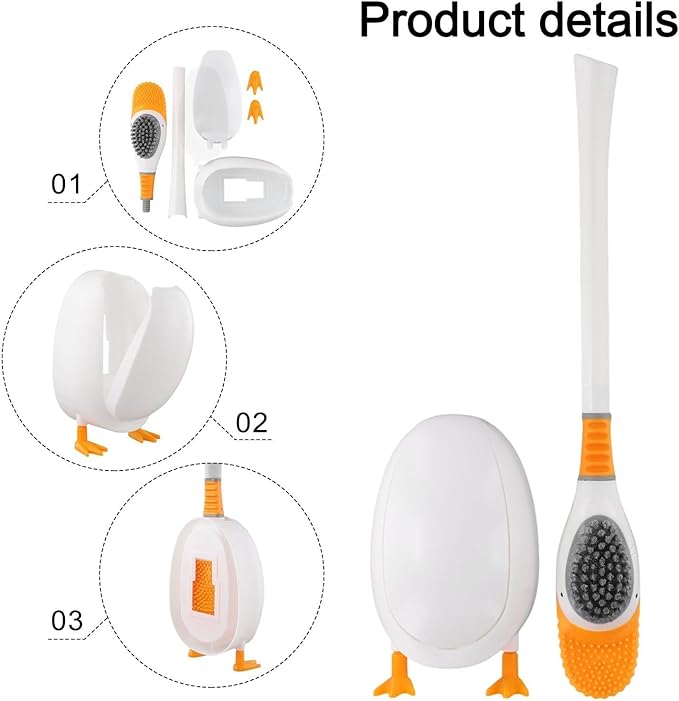Duck Silicone Toilet Brush and Holder Set with 360° Curved Head for Deep Cleaning, Easy Storage, White/Yellow(White)