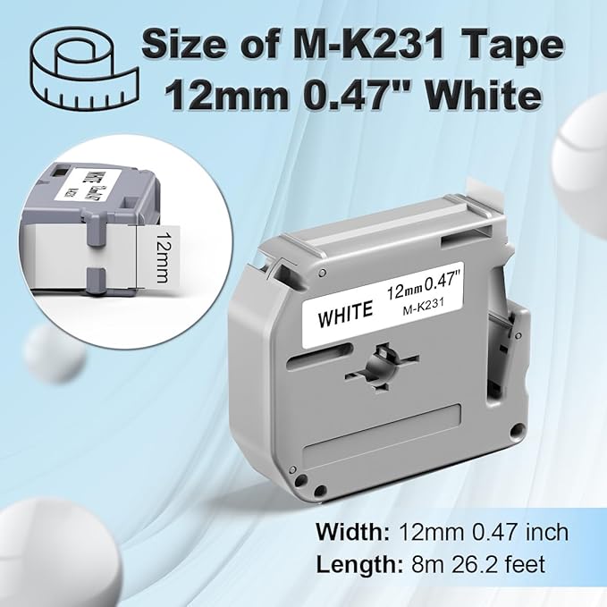 Labelife M-K231 Compatible Label Tape Replacement for Brother PTouch M Tape M231 MK231 M-231 M-K231S 12mm 0.47 Inch, for Brother PTouch PT-M95 PT-85 PT-75 PT-65 Label Makers, Black on White, 6 Pack