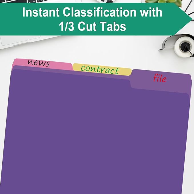 18 Pack Purple File Folders 8.5x11 Inch,1/3 Cut Tab File Folders Letter Size,Office Folders for Document