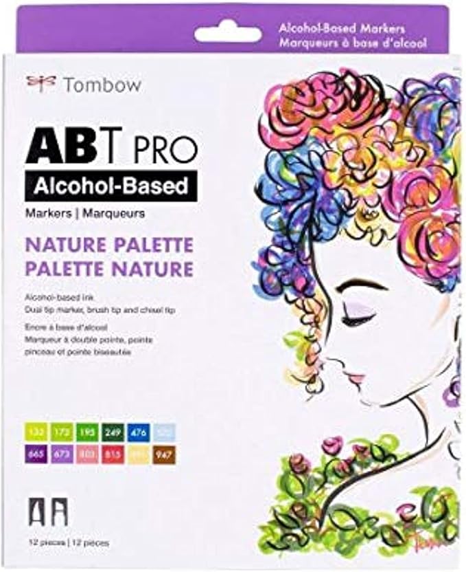 Tombow 56965 ABT PRO Alcohol Markers, Nature Palette, Set of 12 Colors - Dual Tip, Permanent Art Markers Feature Chisel and Brush Tips Perfect for Coloring, Sketching, and Illustration