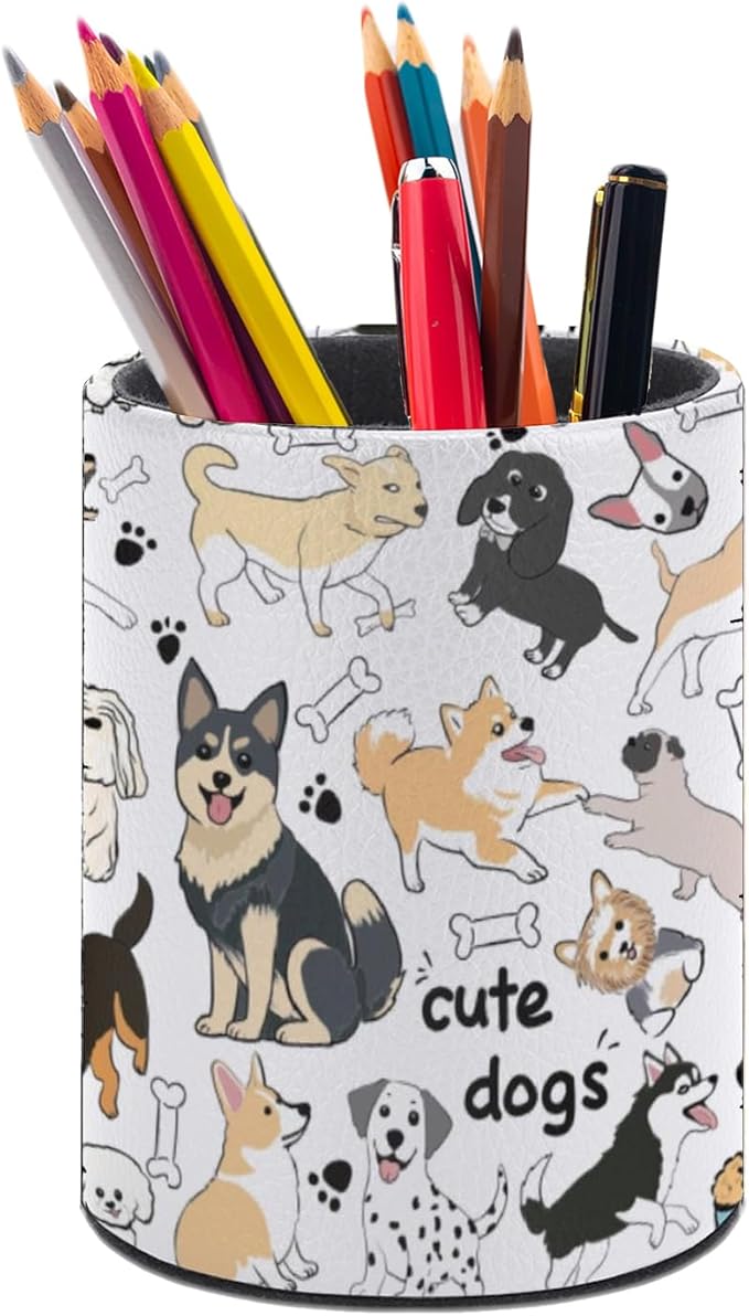 Cute Dogs Pen Holder Pencil Organizer Cute Pencil Cup Desk Decor Makeup Brush Holder PU Multifunctional Office Suppliesfor Home Classroom School