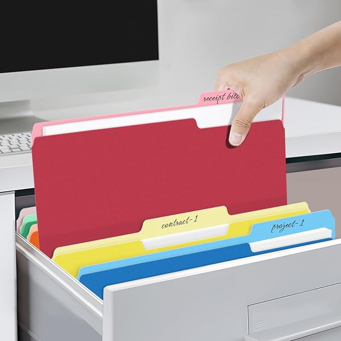 SUNEE File Folders Letter Size 10 Assorted Colors, 100 Pack Folders for Documents 1/3-Cut Tabs, Colored File Folders Office Home School for Documents Files Paper