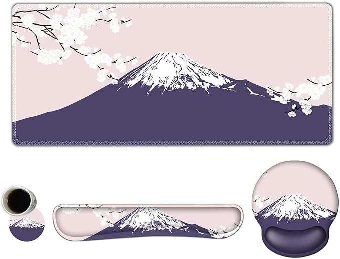 ARTSO Large Mouse Pad Set Ergonomic Keyboard Wrist Rest Support, Memory Foam Gel Wrist Pad, Non-Slip Extended Desk Mat Protector, Pink Sakura Fuji Mountain