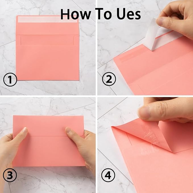 Wishop 50 Pack Pink 4x6 Self-Adhesive Envelopes with Fold Cards 5 Colors for Wedding Invitations and Greeting Cards (Pink 5 Colors, 4x6)