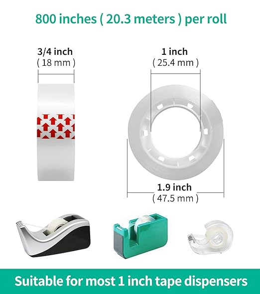 72 Rolls Transparent Tape Refills, Clear Tape Dispenser Refill Rolls, Glossy Gift Wrap Tapes for Office, School, Home, 3/4 x 800 Inches