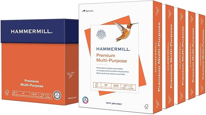 Hammermill Printer Paper, Premium Multipurpose Paper 24 lb, 8.5 x 11 - 5 Ream (2,500 Sheets) - 97 Bright, Made in the USA, 105810C