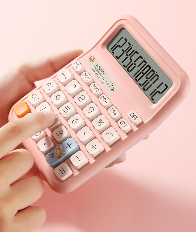 UNIONE Panda Calculator with a Bright LCD, Dual Power Handheld Desktop. Color. Business, Office, High School… (Beige)