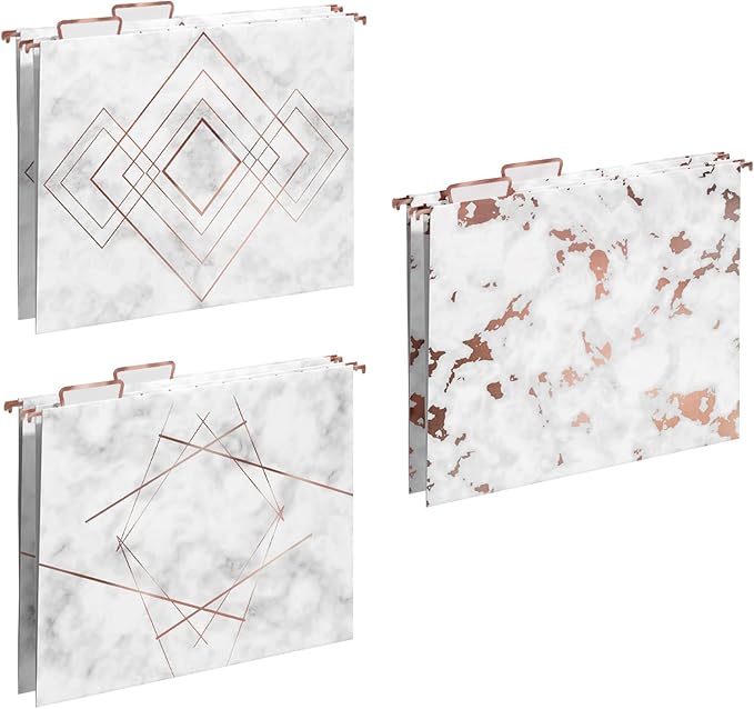 Y YOMA 6 Pack Rose Gold Hanging File Folders Letter Size Decorative File Folder Cute Pretty Hanging Folder Organizer for Filing Cabinet Office Home with 1/5-Cut Adjustable Tabs, 3 Marble Design