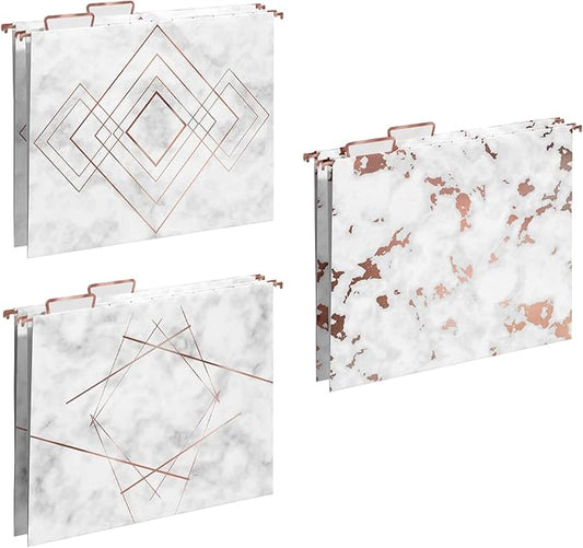 Y YOMA 6 Pack Rose Gold Hanging File Folders Letter Size Decorative File Folder Cute Pretty Hanging Folder Organizer for Filing Cabinet Office Home with 1/5-Cut Adjustable Tabs, 3 Marble Design